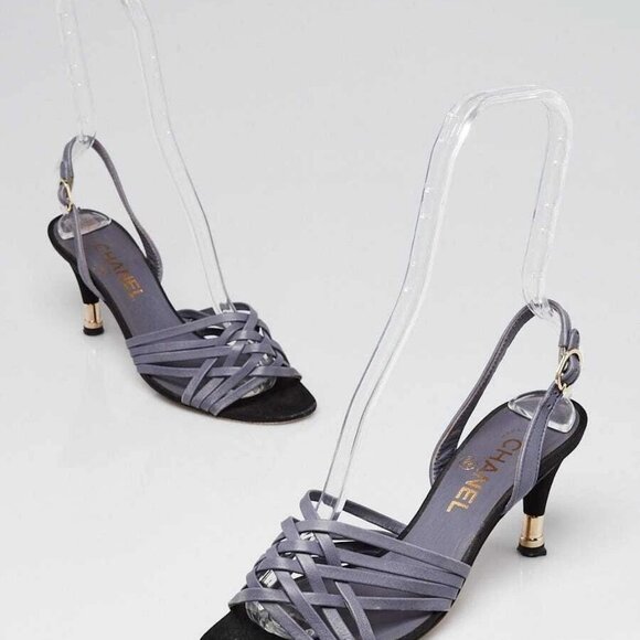 Chanel Grey Leather Strappy Sling Back Heels Size 7/37.5 - Picture 1 of 5